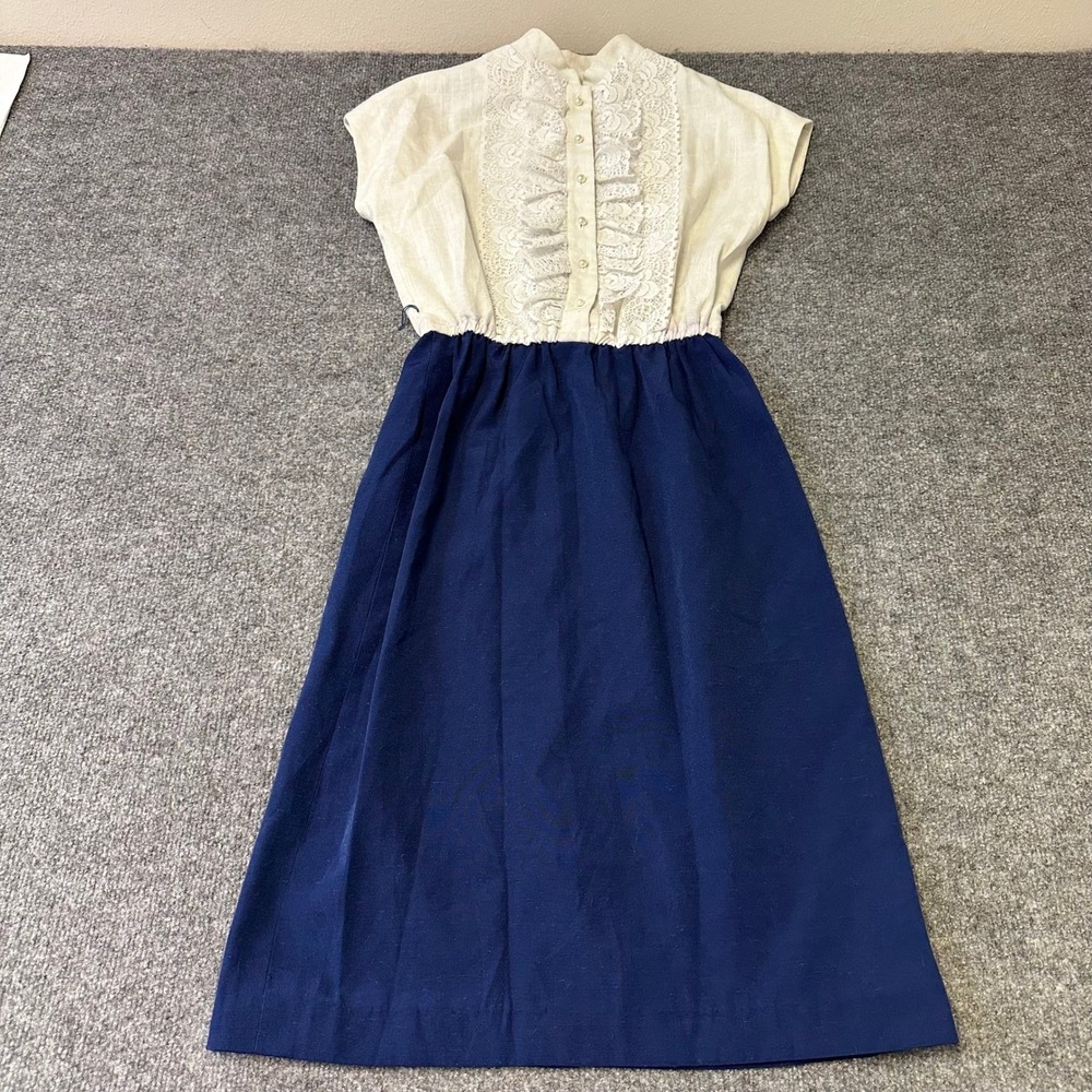 Vintage Dress Womens Size S Navy Blue Cream Lace Ruffle Midi Short Sleeve Casual